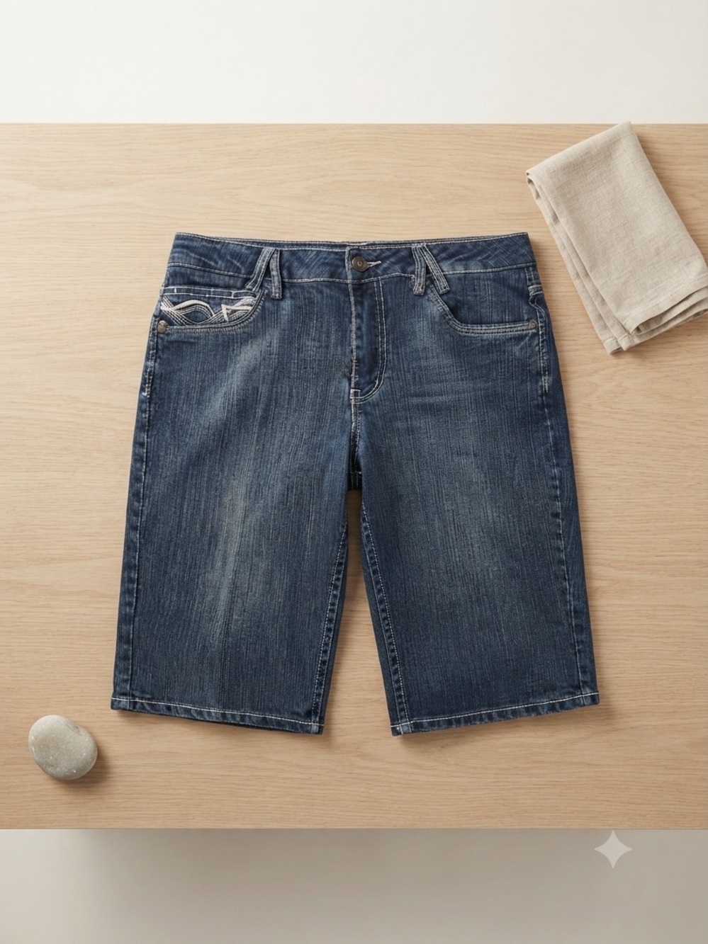 Embroidered Dark Blue Denim long Jeans Shorts